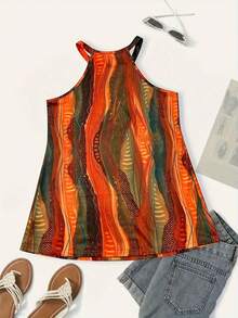Plus Size Women's Print Halter Neck Vintage Sleeveless Halter Top - 彩色 - 查看 3