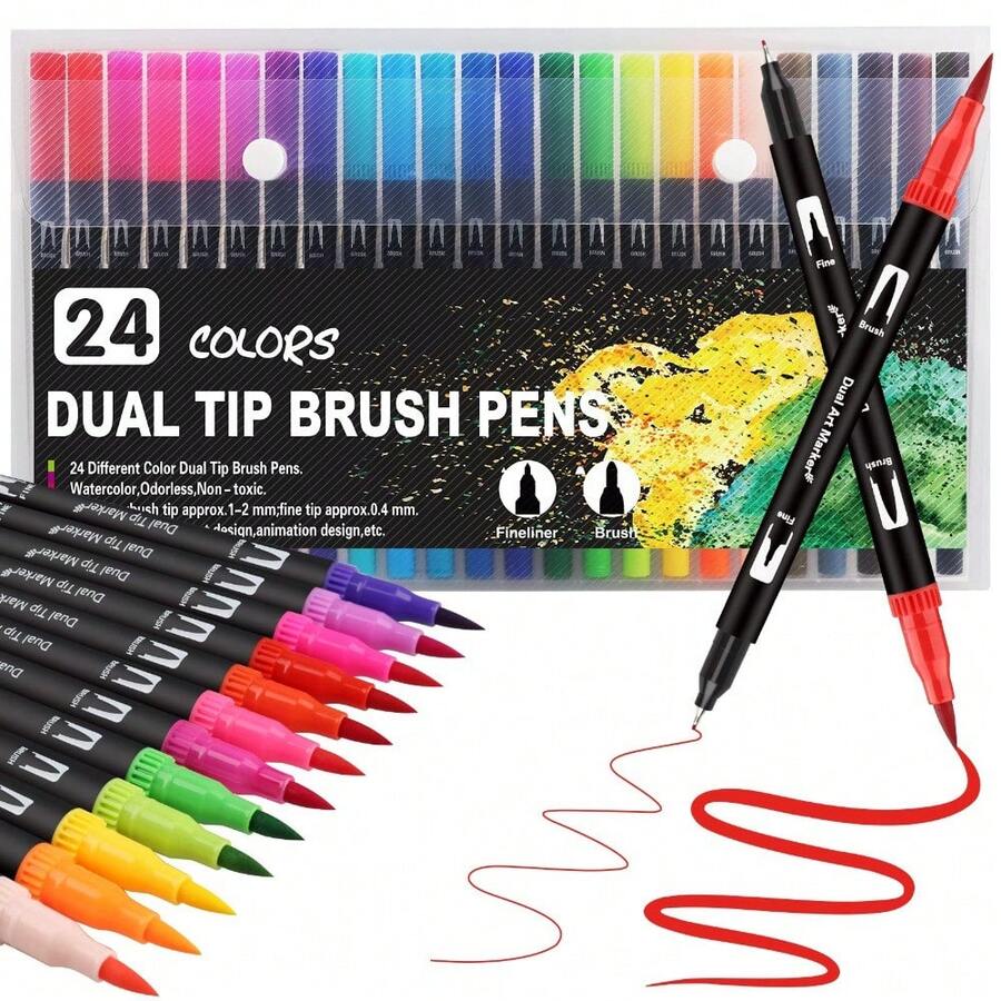 24 Colors Colouring Pens Dual Tip Brush Pens, Felt Tip Pens For Adults, Brush Marker Pens For Colouring Book Journal Drawing Lettering Sketching Back To School - 24colors - View 1