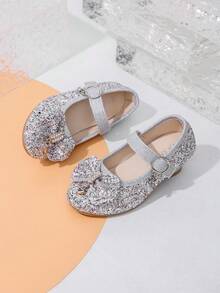 女童金色亮片高跟鞋 26-36码 | 闪亮玛丽珍派对鞋，饰有花朵和搭扣 | 适合选美比赛、花童、圣诞节和特殊场合的优雅高跟鞋