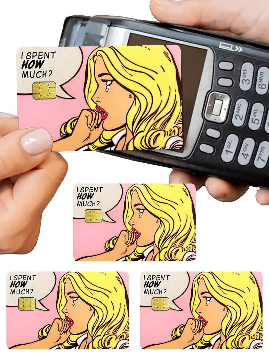 趣味“我花了多少钱？”信用卡贴纸，PVC借记卡保护膜，耐用个性化银行贴纸，装饰创意防刮超薄复古磁条设计，防水防刮卡钥匙扣，可爱忧郁女孩信用卡贴纸 - 有趣的借记卡套，适用于信用卡、借记卡、交通卡 - 彩色 - 查看 1