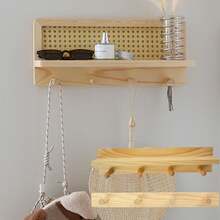 1 件壁挂式衣帽架，带搁板，PE 藤条壁挂式衣帽架，带 4 个挂钩的木质衣架，藤条钥匙扣，适用于玄关、门厅、走廊、办公室的墙壁收纳架 - 彩色 - 查看 2