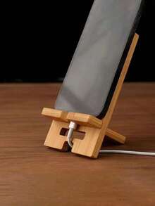 1pc Bamboo Phone Stand, Natural Material, Desktop Organizer & Charging Station Compatible With All Smartphones - Original Bamboo Color - View 3