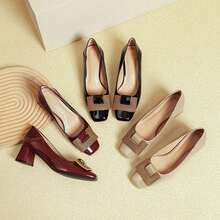 New Arrival: Red Wedding Shoes With Mid Heel, Patent Leather Square-Toe Shallow Cut Pumps - Black - View 4