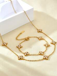 TONSI 1 Set Elegant Charming Korean Luxury Minimalist Stainless Steel 18K Gold Plated Artificial Zirconia Four-Leaf Clover Flower Diamond Jewelry Set, Suitable For Beach, Holiday, Travel, Work, Daily Party Wear For Women - Multicolor - View 4