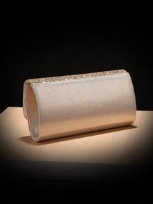 1pc Fashion Metal Edged Korean Style Women's Dinner Party Handbag With Magnetic Clasp, Shoulder & Clutch Bag, Satin Material - Champagne - View 5