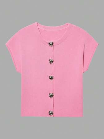 女士爱心纽扣设计纯色针织短袖上衣，夏季