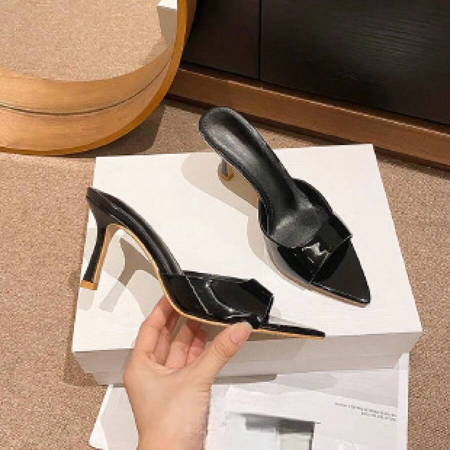 Patent Leather High Heel Slippers All-Matching Stiletto Pointed Toe Open Toe Outdoor Slippers - Black - View 1
