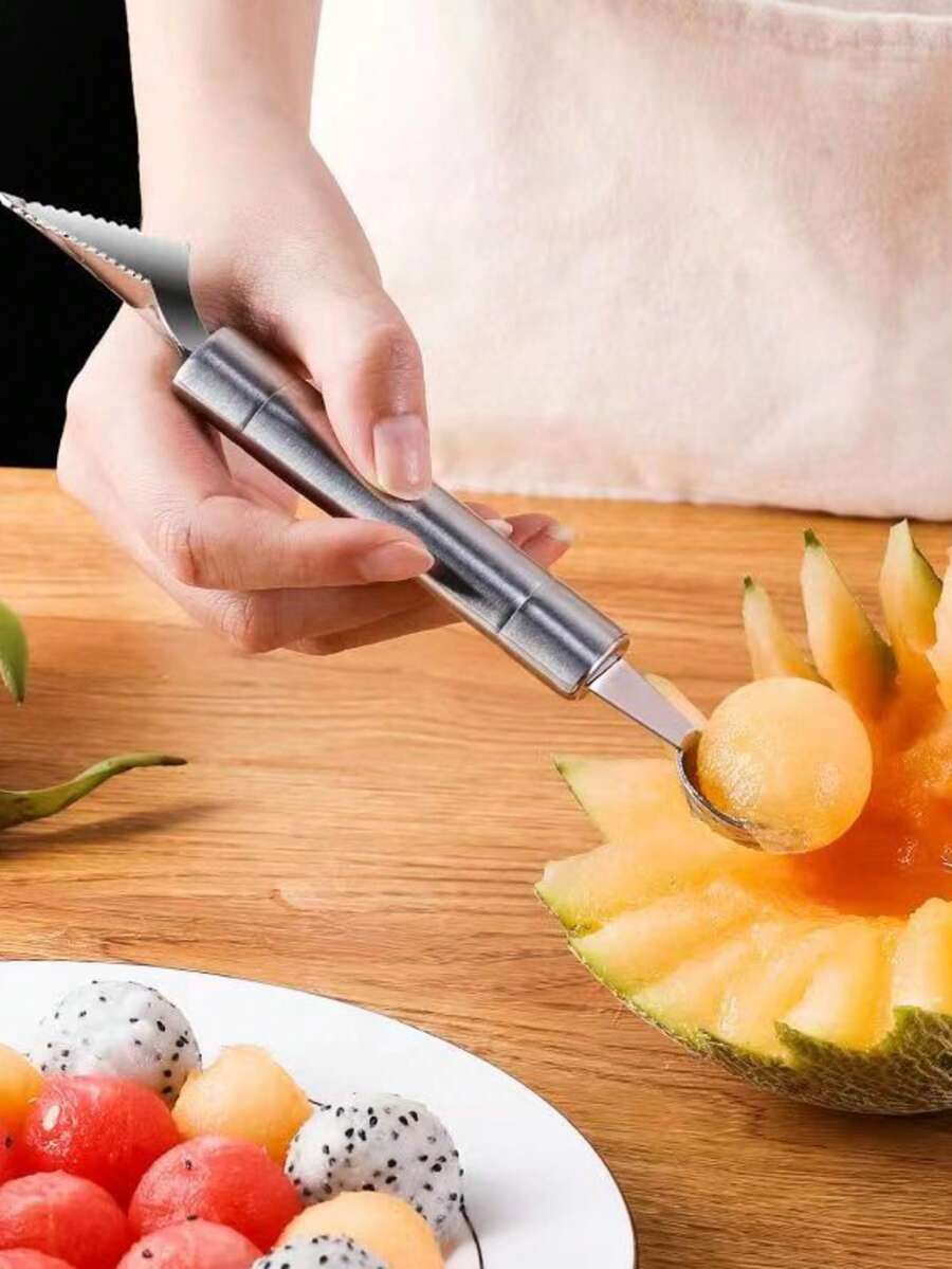 可重复使用的不锈钢水果勺 - 完美适用于雕刻、去皮和挖取水果蔬菜 - 双头水果球勺！不锈钢材质耐刮擦且经久耐用，挖取瓜球效率翻倍，是餐厅/甜品店的理想之选。