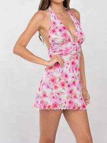 Womens Boho Floral Print Halter Neck Bodycon Dress Summer V Neck Sleeveless Backless Ruched Party Mini Dress Beach Vacation Sundress - Pink - View 3