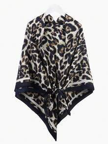 1 件 130*130 厘米豹纹围巾/披肩，女士时尚豹纹和黑色边框流苏方形围巾，奢华纹理面料，适合日常穿着 - 黑色 - 查看 3