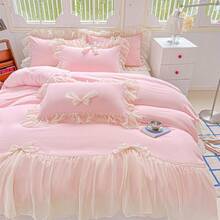 MOOWOO Chic Lace & Bow Comforter Set For Women | Ruffled Bedding Collection With Pillowcases |  Home Elegance,Pink - Hồng - Xem 8