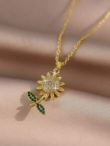 1 pieza Collar con dije de girasol dorado y cubic zirconia para madre e hija, flor tridimensional casual, regalo para mujer para fiestas, diario, viajes