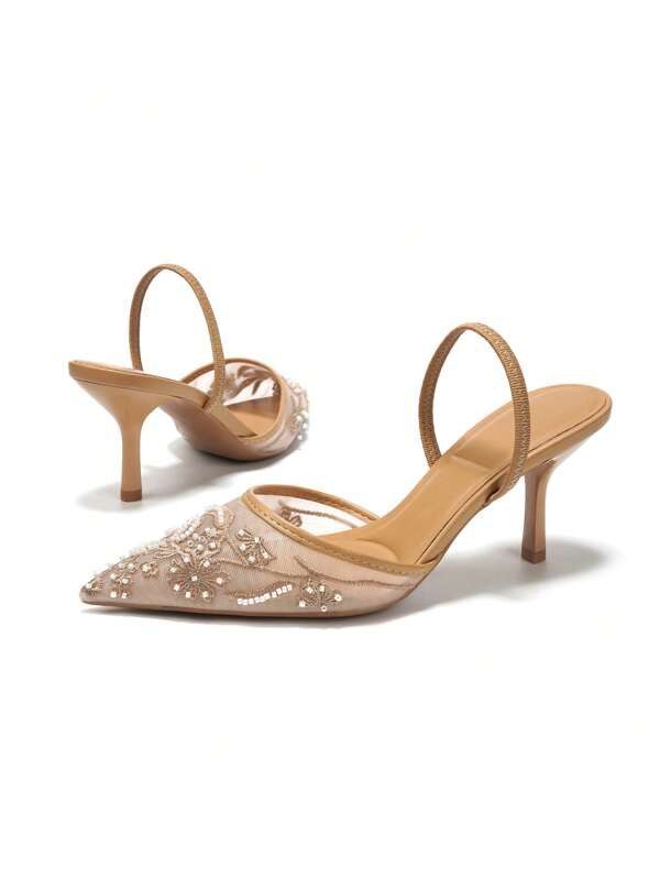 Women's Mesh Handmade Embroidery Pearl Pointed Toe Slip-On Breathable High Heel Pumps, New Versatile Wedding Party Sexy Elegant Luxury Floral Embroidery Pearl Stiletto Heels