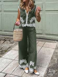 Ensemble 2 pièces femme style bohème, top sans manches avec broderie de dentelle et pantalon large - Militaire verte - Voir 7