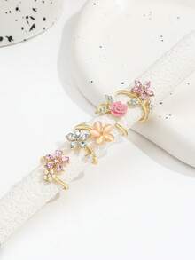 Bộ 4 chiếc/Bộ nhẫn có thể điều chỉnh hình hoa hồng màu hồng đáng yêu, trang trí bằng ngọc trai giả kim cương, bộ nhẫn hoa năm cánh cho phụ nữ - Vàng - Xem 2