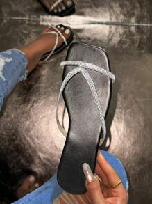 Sandalias de dedo planas con incrustaciones de cristales brillantes para mujer, para uso diario casual en verano