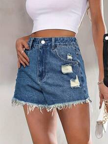 Women Casual Sexy Elegant Fashionable Elegant Gentle Commute Pocket Fringe Sports Young Street Ripped Academy Denim Shorts