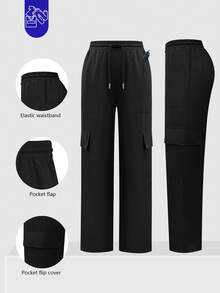 Women's Loose Straight Leg Multi-Pocket Work Pants, Elastic Waist Scrubs Nurse Scrubs Workwear For Dentist, Healthcare, Pet Hospital, Laboratory Uniform - Black - View 4