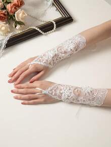 1 双白色珍珠花新娘系带手套，适合女士、节日派对、婚礼、新娘（水晶位置随机）
