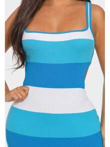 Multi Stripe Stretchy Knit Midi Dress  Colorblock  Striped    Casual  Elegant    Rib-Knit    Beach - Màu xanh lam - Xem 9