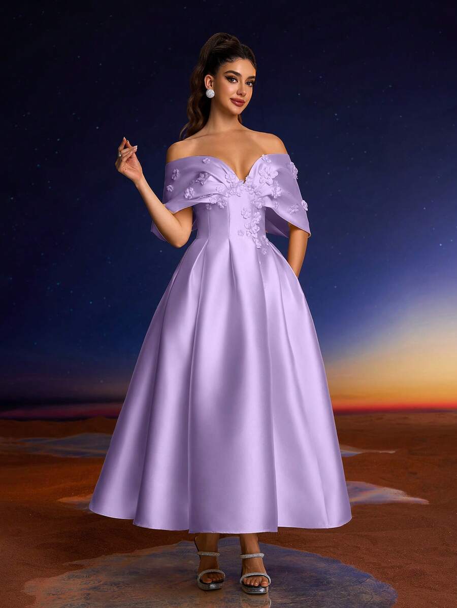 女士优雅3D立体花卉装饰正式晚礼服,简约设计 - 紫色 - 查看 1