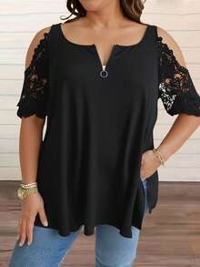 Fashionable Minimalist Versatile V-Neck Zipper Contrast Lace Hollow Out Short Sleeve T-Shirt - Black - View 1