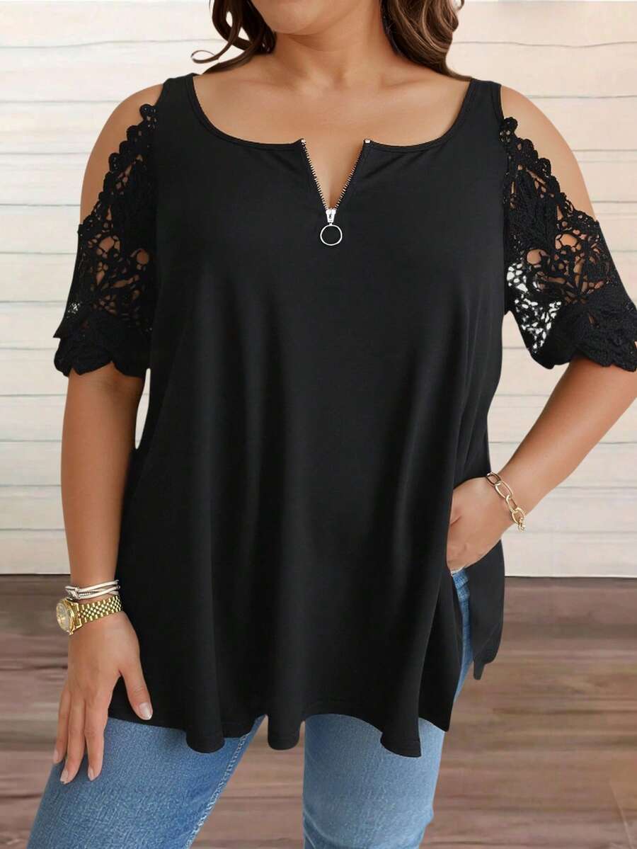 Fashionable Minimalist Versatile V-Neck Zipper Contrast Lace Hollow Out Short Sleeve T-Shirt - Black - View 1