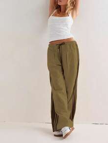 Women's Wide Leg Pants Drawstring High Waist Side Stripes Loose With Pockets Trousers - Quân đội Xanh - Xem 3