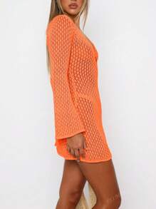 V-Neck Hollow Circle Decor Sexy Bell Sleeve Solid Color Long Sleeve A-Line Short Beach Cover Up Dress