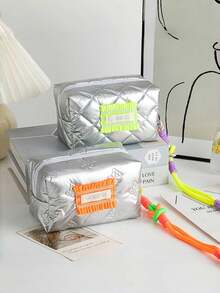 1 件可爱绗缝化妆包带手柄化妆刷收纳袋心形化妆包带绳吊坠多功能学生文具包化妆品收纳袋