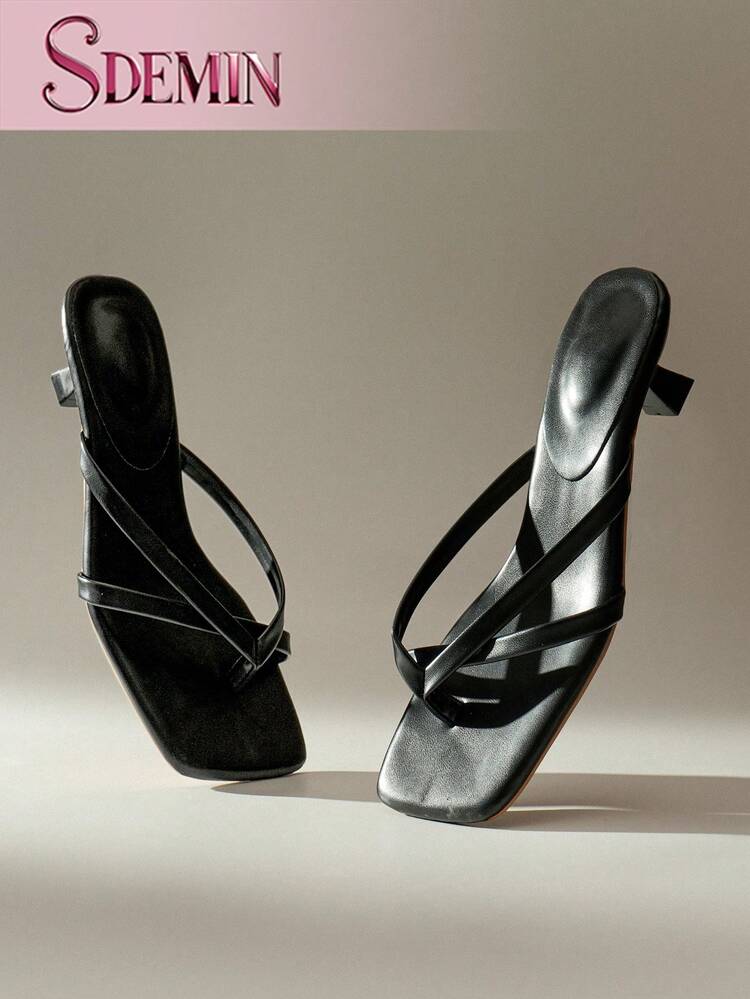 SDEMIN Summer New Arrival Women's Solid Color Slippers, Elegant Vacation Shoes, Casual Beach High Heels Sandals, Fashionable Slip-On Heels For Dress - Black - View 5