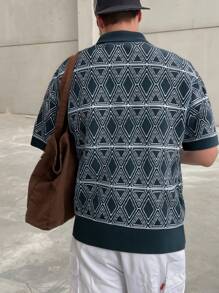 男女款休闲宽松菱形图案前开V领短袖上衣，春夏