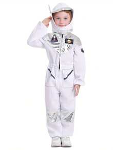 1 Set White Kids Astronaut Costume With Helmet-Style Fabric Hood, Sci-Fi Style, Height 110-140CM, Space Theme Party/Halloween/Stage Performance/School Play - White - View 2