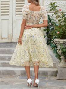 Women's Romantic Elegant Flowy Ditsy Floral Waist-Cinched Long Dress, Short Sleeve Summer Dress