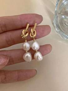 1 Pair Knotted Faux Pearl Dangle Earrings,Vintage And Elegant Knot Shaped Ear Studs Baroque Pearl Drop Earring,Unique Jewelry Gifts For Her