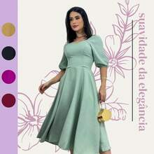 Vestido Feminino Midi Com Manga Bufante Forrado Soltinho - Verde claro - Visão 3