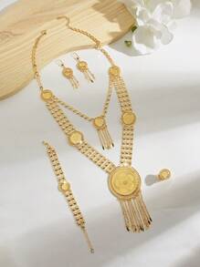 Mgyi Gold-Colored Copper Fashionable And High-End Luxury Retro Jewelry Set For Women,14K Gold Plated Elegant Luxury Square Design Necklace, Earrings, Bracelet, Ring For Women, Suitable For Nigeria, Dubai, Middle East, Saudi Arabia Bridal Wedding, Daily Wear, Wedding Anniversary Gift, Halloween Gift For Friends