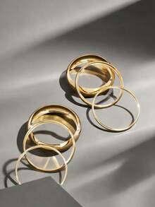 6 件复古金色简约光滑圆形手镯套装，时尚街头风格夸张女士珠宝配饰