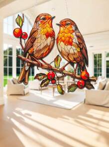 1 Stück 2D bedruckter, leuchtender Rotkehlchen Acryl Fensteranhänger - Dekoration für Garten/Außenbereich, farbenfroher Fensterschmuck (7,48 Zoll/19 cm) mit realistischem Vogel und roten Beeren, perfekt für Garten, Veranda, Wohnzimmer Dekoration, Einweihungsgeschenk und Geburtstagsgeschenk für Freunde und Familie