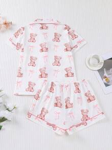 2 件套女士泰迪熊印花睡衣套装，包括带领和纽扣的短袖衬衫和宽松弹力短裤，漂亮时尚外套睡衣套装，休闲全季居家/户外睡衣 - 白色 - 查看 2