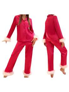 Conjunto de 2 piezas para mujer, con mangas largas, solapa, puños de felpa, camisa y pantalones, ropa de dormir - Rosa Fucsia - Ver 2