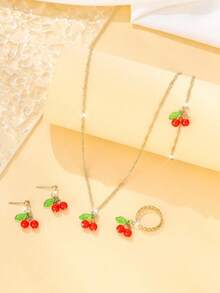 5 件套精致树脂水果首饰套装，包括项链、手链、耳环、戒指、可爱樱桃吊坠，适合日常佩戴，非常适合返校、节日礼物 - 彩色 - 查看 2