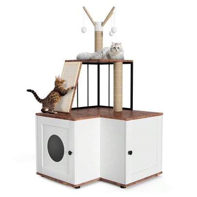 Danolapsi Cat Litter Box Enclosure Furniture,Hidden Litter Box,Wood Corner Cat House Pet Furniture With Scratching Post Board Toy Balls And Play AreaLarge Tall Cat Tower For Indoor Cats