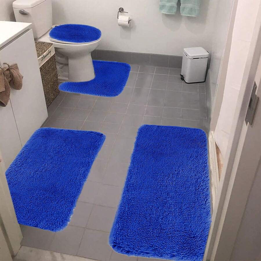 4Pcs Luxury Soft Bath MatsSet, 4 Set Multi Purpose Bath Carpet Set, 2025 Fashion Carpet Bathmats, Universal Soft And Fast Absorbent Bathroom Rugs, Non Slip, Machine Wash, Quick Dry, Relaxation Comfortable, Perfect For Bathroom, Shower Room, Perfect Gifts, Christmas Decorations - Màu xanh lam - Xem 1