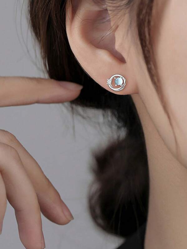 1 pieza Pendientes de planeta azul de plata de ley 925, adecuados para uso diario de mujeres, vienen con caja de regalo