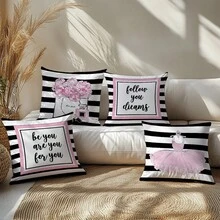 4 件套简约黑、白、粉色礼品靠垫套套装，单面印花柔软桃皮毛绒面料，45*45 厘米枕套适用于房间装饰、室内沙发客厅装饰、派对装饰、装饰枕套礼物