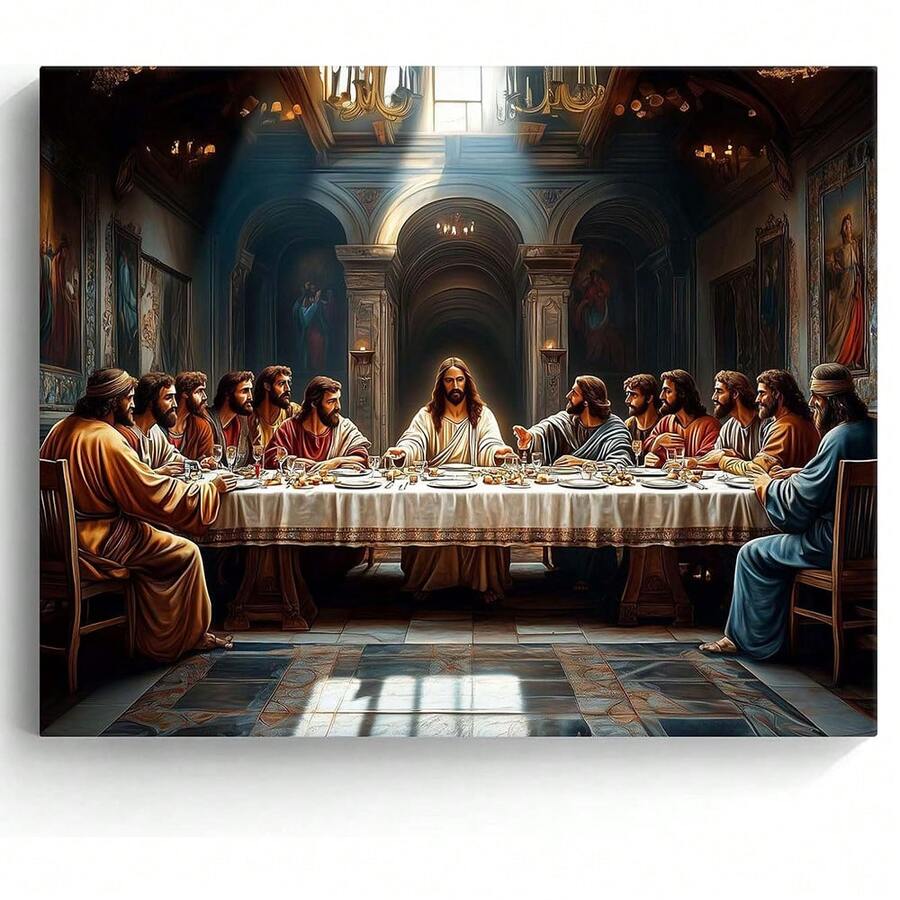 1PCS Framed Art Jesus Last Supper Canvas Wall Decor, Bible Story Christian Jesus And Twelve Apostles Painting Picture, Christian Wall Religious Print Artwork, Home Office Decoration, Suitable For Prayer Room, Bedroom, Living Room, Dining Room, Bathroom, Study, Kitchen, Apartment, Office, Hotel, Bar, Studio, Dressing Room, Corridor Wall Background Decoration - 彩色 - 查看 1