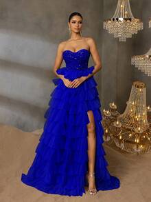 华丽亮片连衣裙，层叠雪纺裙摆，高开衩设计 | 适合正式晚宴、婚礼和戛纳派对的奢华晚礼服 - 寶藍色 - 查看 4