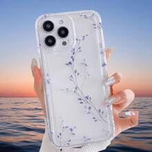 Stylish Blue-Purple Branch Flower Pattern Transparent Mobile Phone Case, Transparent Shockproof Protective Shell Suitable For IPhone16 15 14 13 12 11 Pro Max 7 8 Plus X XS XR XSMax Series - Trong sáng - Xem 4