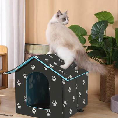 PETSIN 1 件户外防水猫床，房屋形状，加厚 600D 牛津布防风雨，高密度泡沫隔热，配有 4 季舒适坐垫